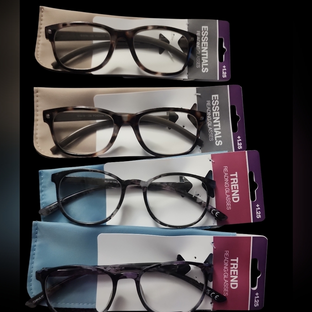 Four Pair of +1.25 Essentialsand Trend Tortoise Shell Glasses Collection NWT